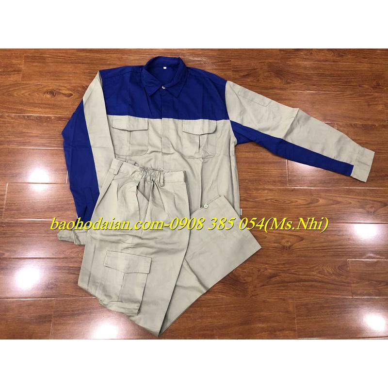 Quần áo bảo hộ lao động xám phối xanh dương chất vải Pangrim DA14