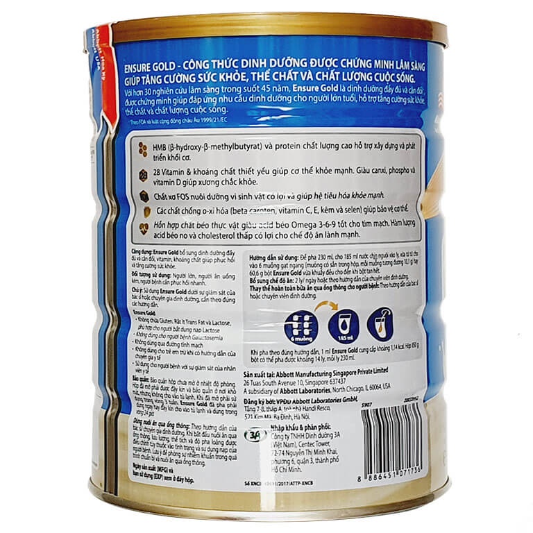 Sữa Bột Abbott Ensure Gold Hương Vani Ít Ngọt (Lon 850g)