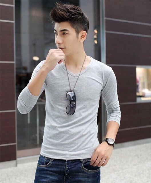 Áo thun tay dài cổ tim trơn
