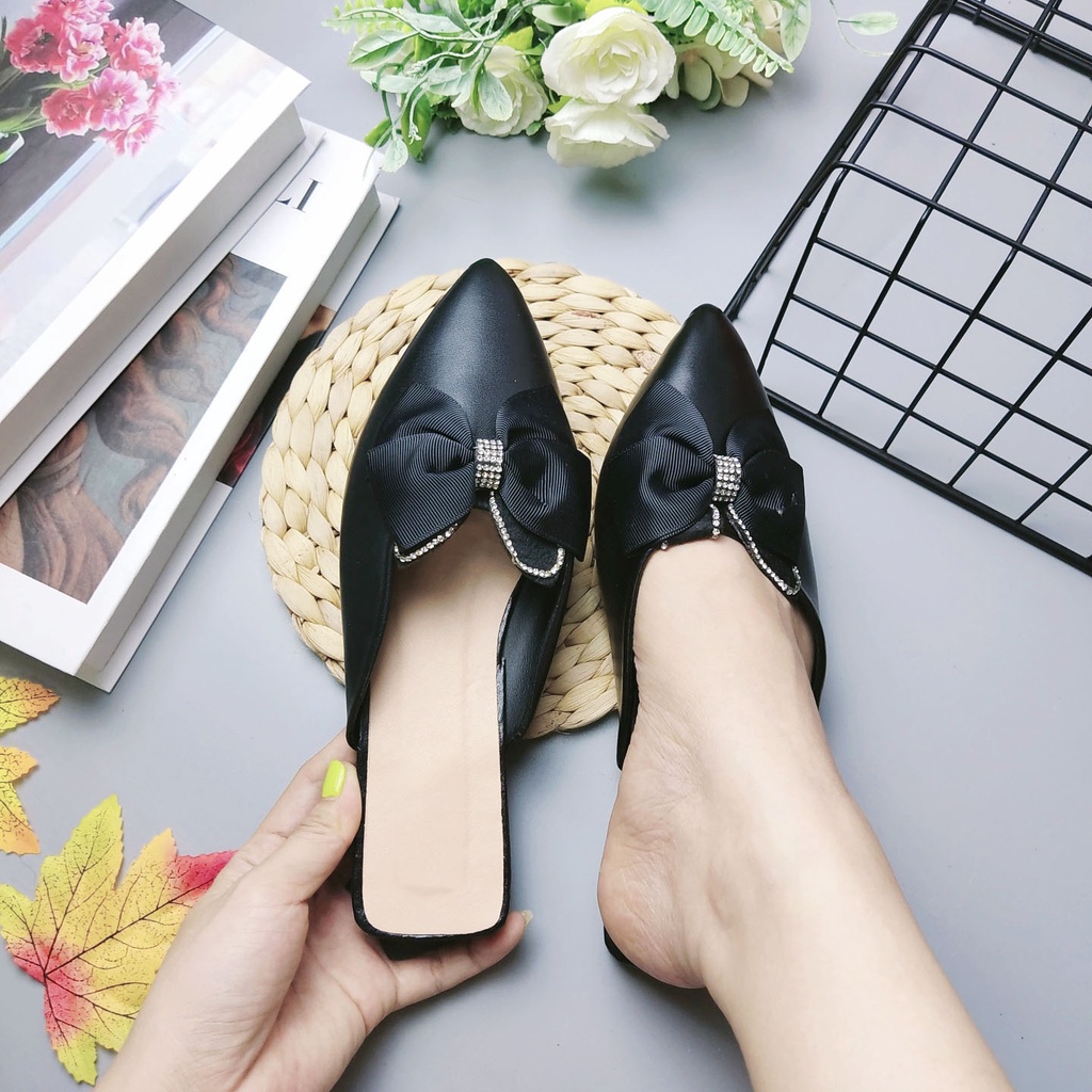 Giày búp bê nữ mũi nhọn phối nơ chất da mềm cao cấp