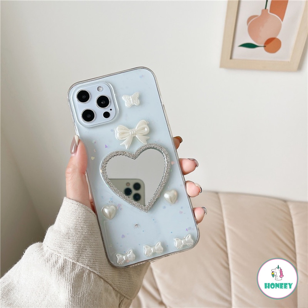 Ốp điện thoại tpu mềm chống sốc đính nơ phối gương trang điểm cho iPhone 13 12 11 pro max x xs xr 8 7 plus | BigBuy360 - bigbuy360.vn