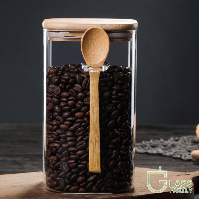 GF 800ml / 1000ml / 1200ml Hũ bảo quản thực phẩm trong suốt Hũ thủy tinh Hũ kín có nắp tre + thìa
