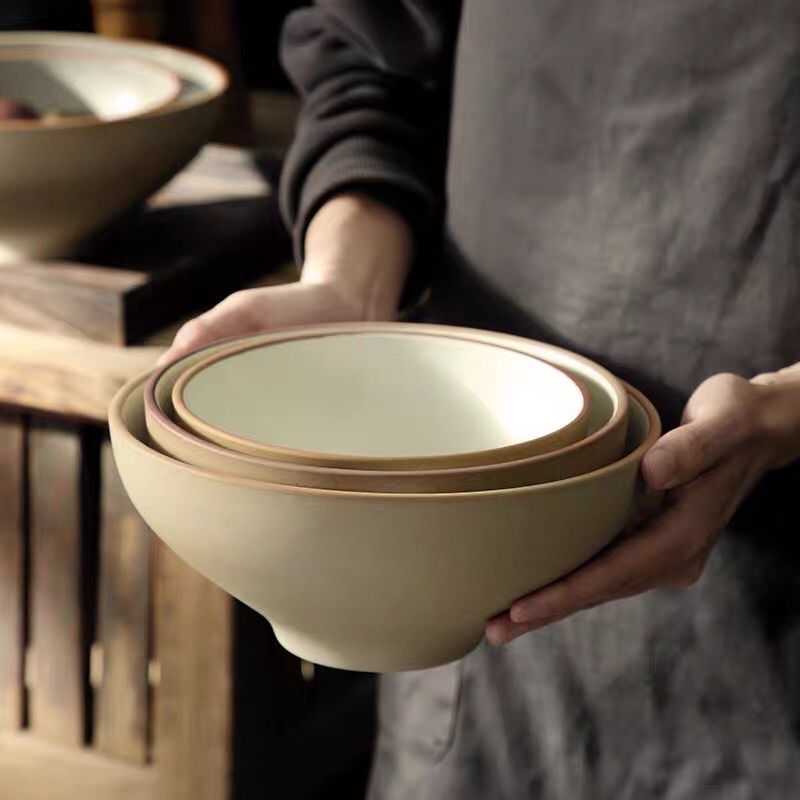 Bát tô lẻ vàng nhám viền nâu phong cách Nhật Bản
