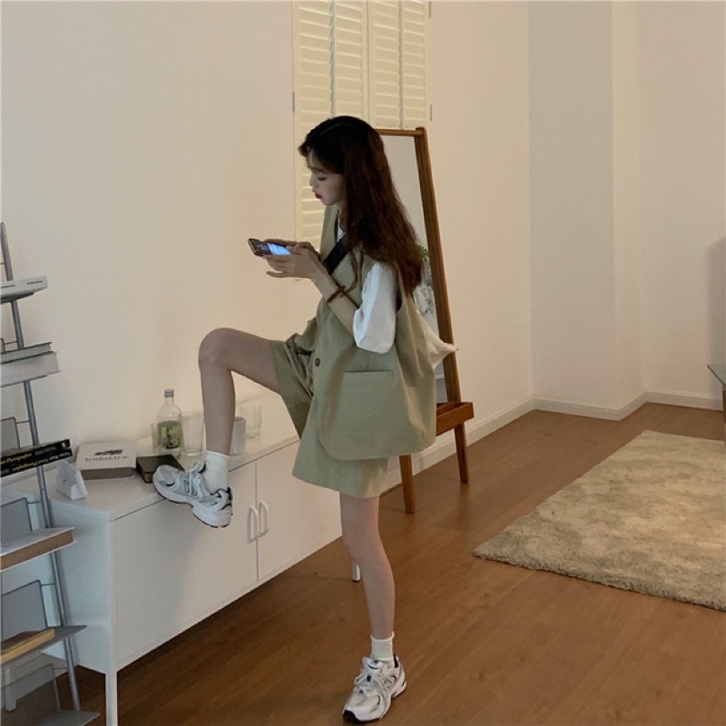 Set áo gile + quần short be vintage dễ thương ulzzang Hàn Quốc