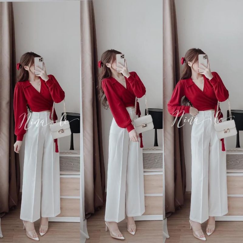 [Ảnh thật+Video]Set bộ nữ đẹp áo croptop cổ chữ V, quần suông trắng dễ thương.Thời trang nữ cao cấp.Đồ nữ xinh.