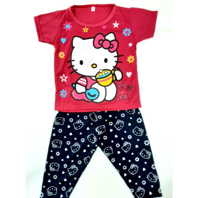 Bộ Đồ Ngủ Áo Thun Quần Dài In Hình Mèo Kitty 89 Dành Cho Bé Gái