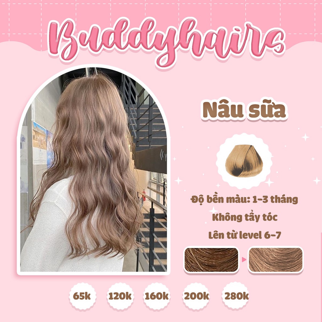 Thuốc nhuộm tóc NÂU SỮA , NÂU TRÀ SỮA không dùng Thuốc tẩy tóc của Buddyhairs tặng kèm găng tay , mũ trùm , trợ nhuộm