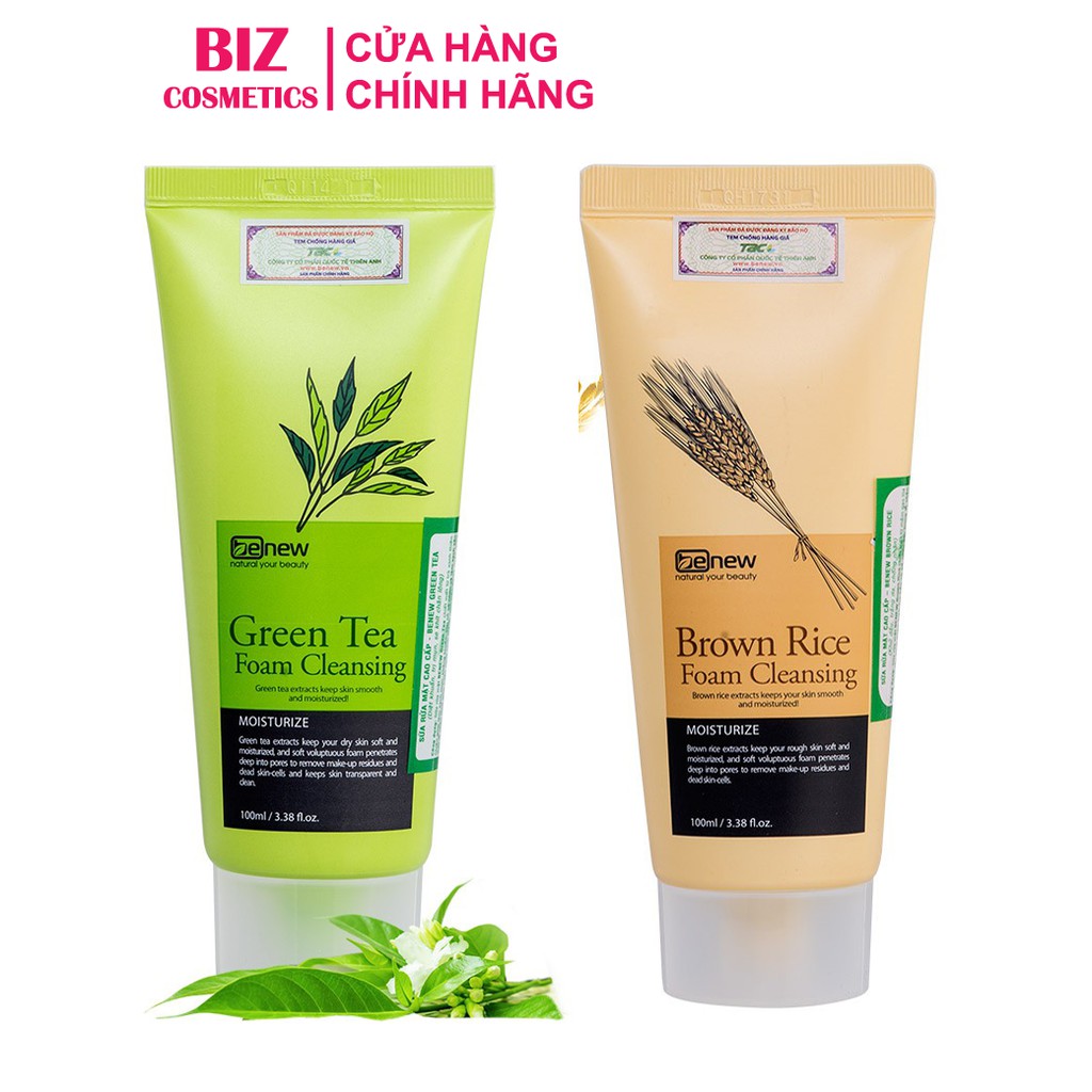 Combo: Sữa rửa mặt tinh chất mầm gạo Benew 100ml + Sữa rửa mặt trà xanh Benew Green Tea Foam Cleansing 100ml