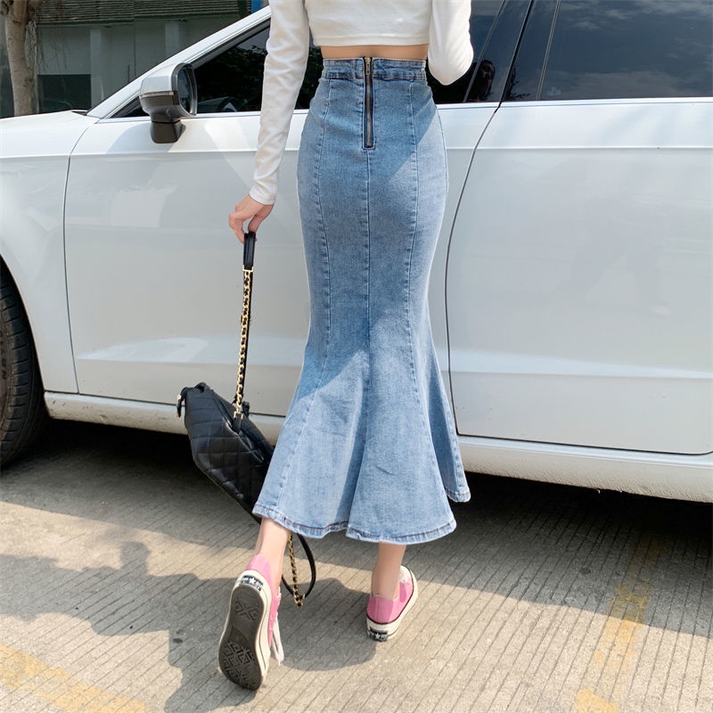 Chân Váy Denim Đuôi Cá Dài Eo Cao Co Giãn Xẻ Tà Dễ Phối Đồ Phong Cách Mùa Hè Mới Dành Cho Bạn Nữ