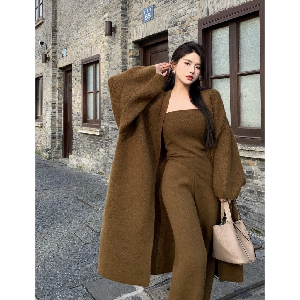 One-piece / suit autumn and winter new knitted medium-and long-style coat + irregular bra vest + long trousers