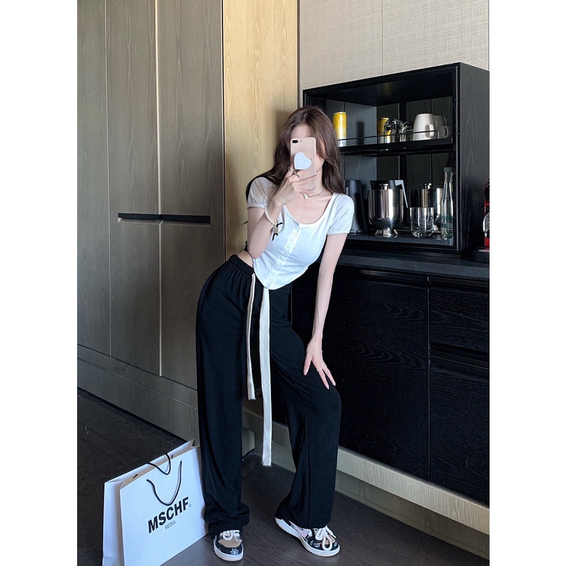 Áo thun tay ngắn / quần dài ống rộng phong cách sành điệu thời trang cho nữ