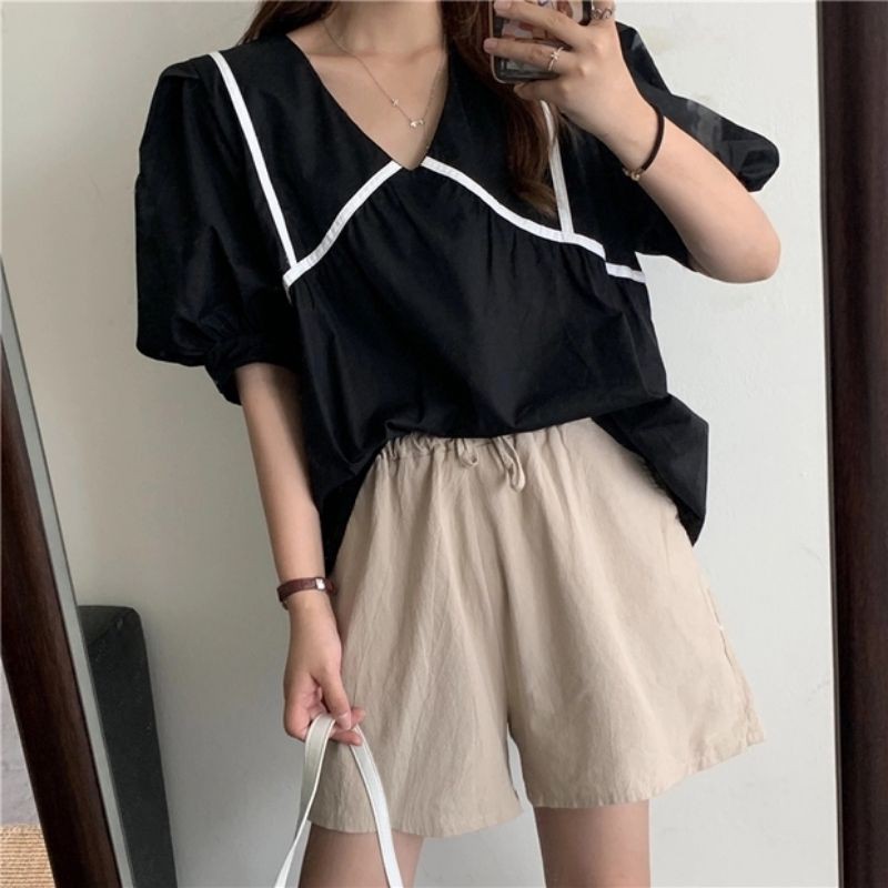 ÁO BABYDOLL CỔ V PHỐI VIỀN MINIHOUSE68 - ÁO KIỂU BABYDO NỮ | BigBuy360 - bigbuy360.vn