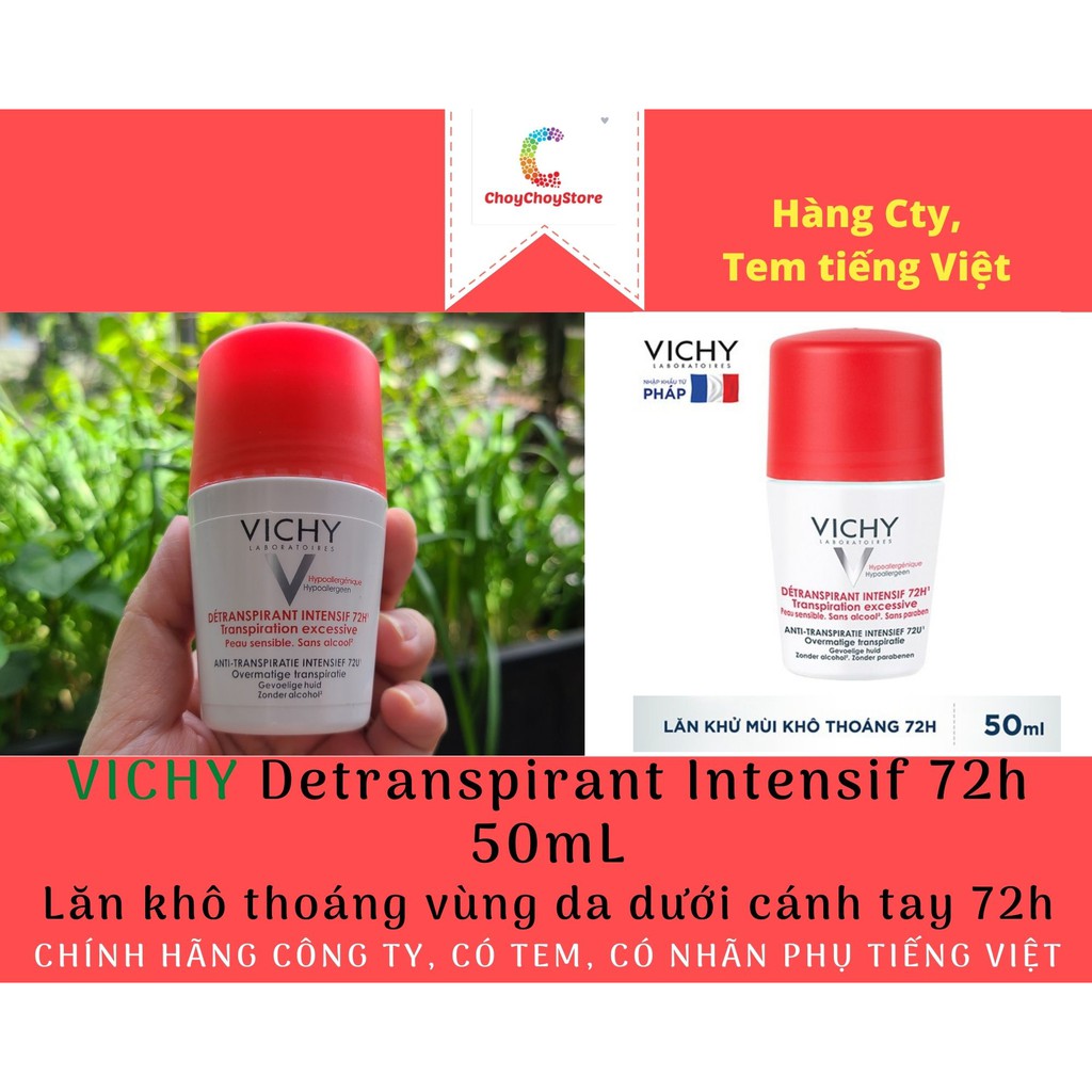 [TEM CTY] Lăn nách Vichy Detranspirant Intensif 72h 50ml - Lăn khô thoáng vùng da dưới cánh tay 72h