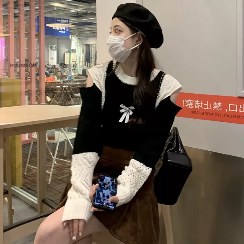 Áo croptop ZHELIHANGFEI dệt kim tay dài hở vai dáng rộng phong cách trẻ trung quyến rũ cho nữ