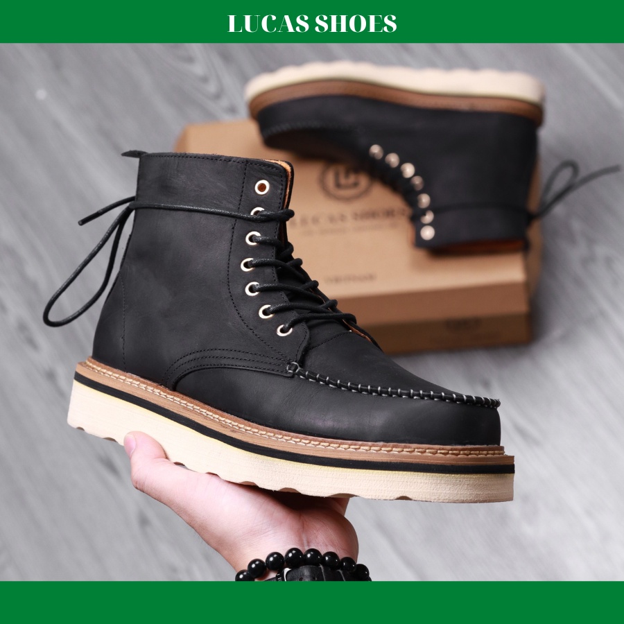 Moctoe Boots Black - Lucas Shoes, Da Bò Sáp Đen, Bảo Hành Một Năm