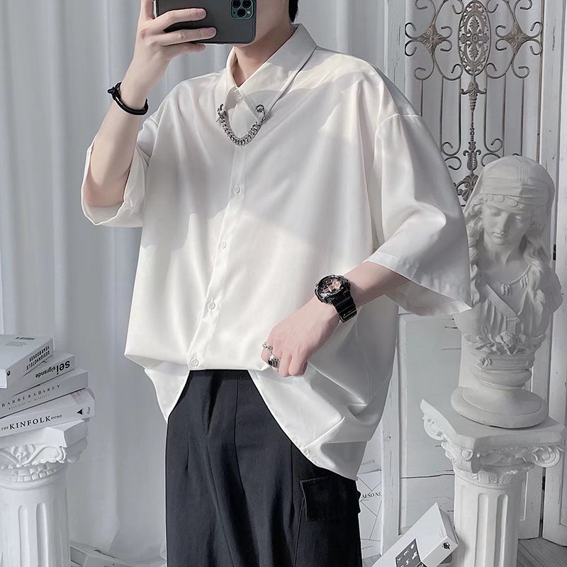 Áo Sơ Mi Ngắn Tay Dáng Rộng Chống Nhăn Phối Dây Xích Thời Trang Mùa Hè Hàn Quốc Hàng Mới Chính Hãng Dành Cho Nam