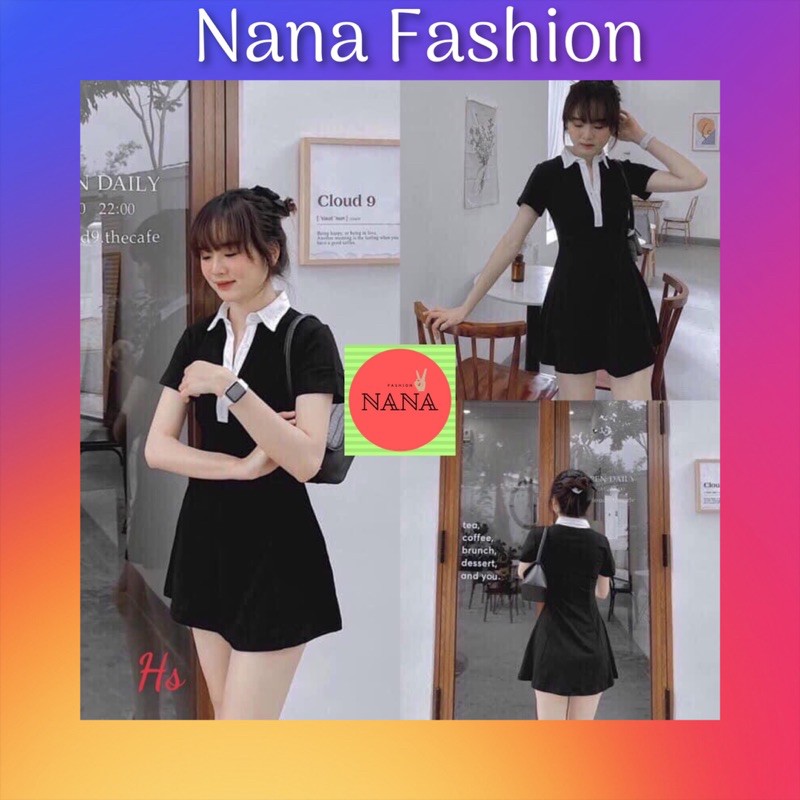 Váy đen body cổ vest trắng chất liệu bozip Nana Fashion