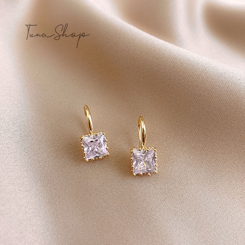Khuyên tai gắn đá vuông/ Bông tai Bạc cao cấp _ 𝐂𝐚𝐦 𝐤𝐞̂́𝐭 𝐜𝐡𝐮𝐚̂̉𝐧 𝐁𝐚̣𝐜 _ TUNA SILVER