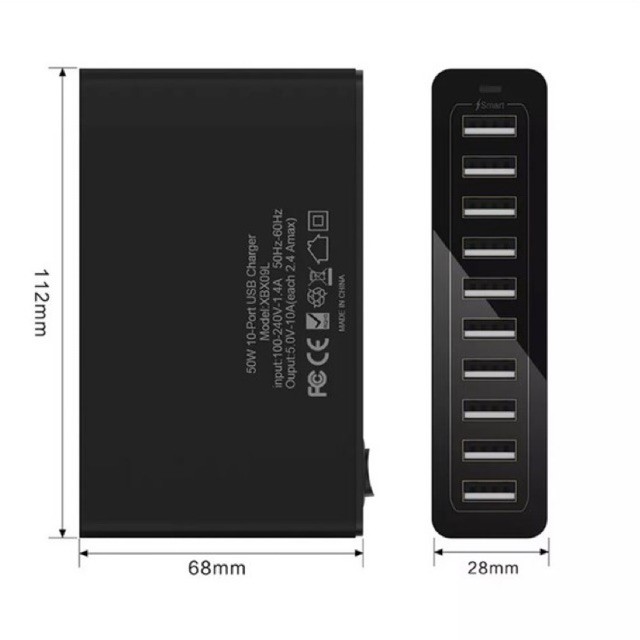 Ổ cắm USB 50W Sạc Nhanh Thông Minh 10 Cổng USB