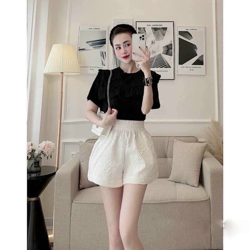 Quần đùi nữ mặc nhà cạp chun lưng cao vải xốp phồng in hoa nổi ống rộng cực đẹp