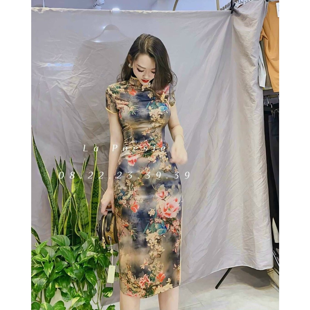 Sườn xám dài họa tiết hoa lá ba màu sắc sảo thời trang thiết kế Arava sx85