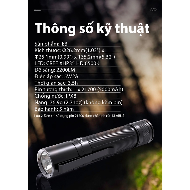 Đèn pin EDC nhỏ gọn KLARUS E3  độ sáng 2200lm chiếu xa 230m cổng sạc Type-C sử dụng pin 5000mAh (kèm theo) Đèn &amp; Đèn pin