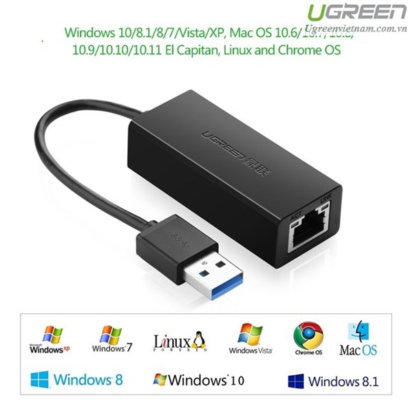 Cáp chuyển USB 3.0 to Lan 10/100/1000 Mbps Ugreen 20256 (Màu Đen) - Hàng Chính Hãng