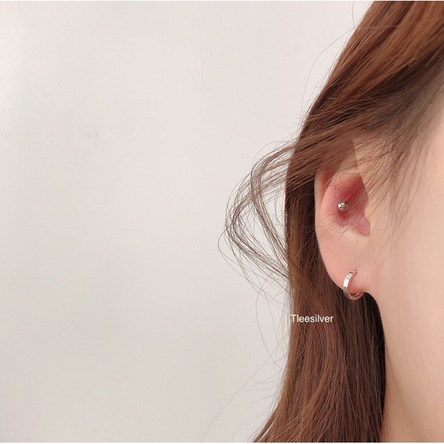 Khuyên tai bạc unisex TLEE tròn trơn chốt bấm bản vuông TleeJewelry