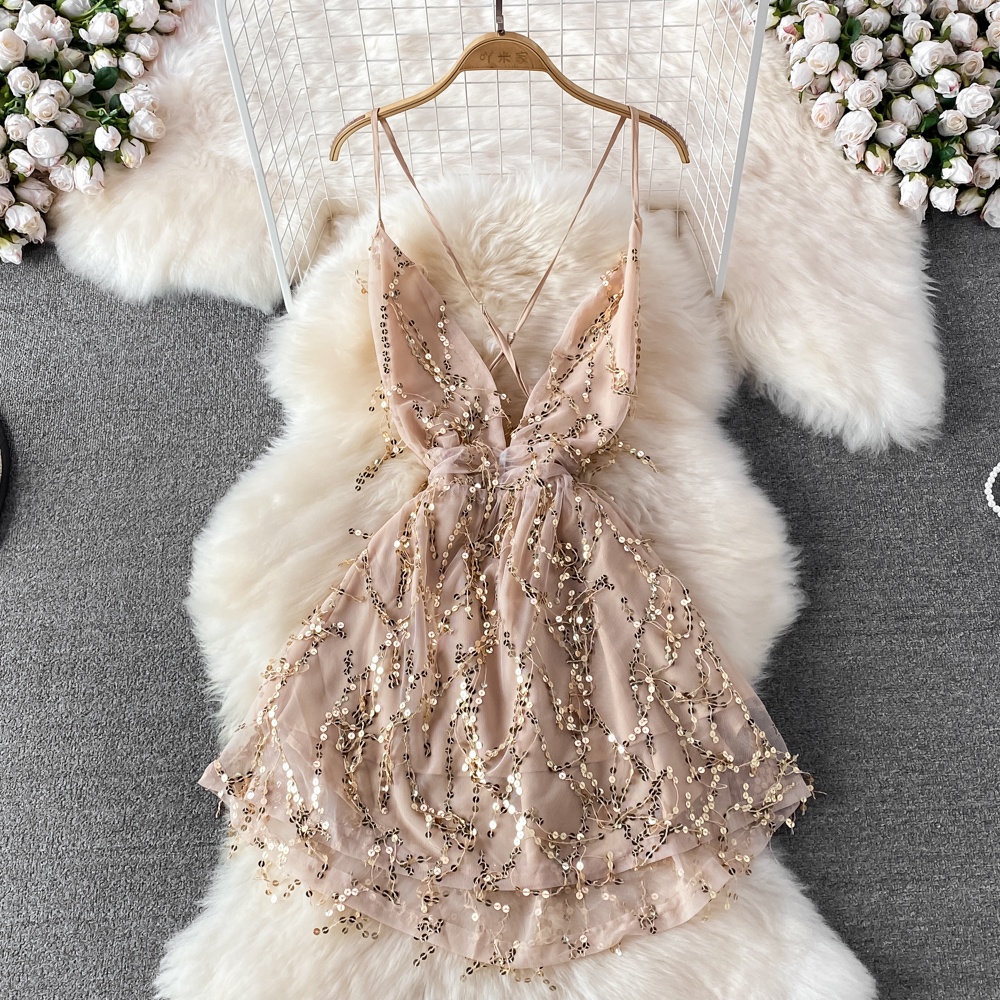 🌸Hàng Order🌸Váy Đầm Voan 2 Dây Xẻ Sâu Hở Lưng Dáng Xòe Đính Kim Sa Lấp Lánh Sexy Nữ Tính🌸Hàng Quảng Châu
