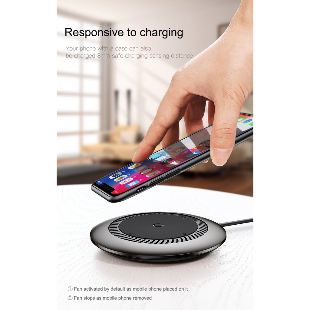 Đế sạc nhanh không dây tích hợp quạt hút tản nhiệt Baseus Whirlwind Desktop cho Apple iPhone/ Samsung (Qi Wireless