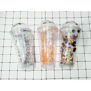 Ly nhựa 2 lớp giữ nhiệt họa tiết khủng long kim tuyến lấp lánh dễ thương 400ml