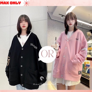 Áo khoác cardigan, cardigan nỉ nữ form rộng phối viền sọc 2 màu đen hồng MAX ONLY