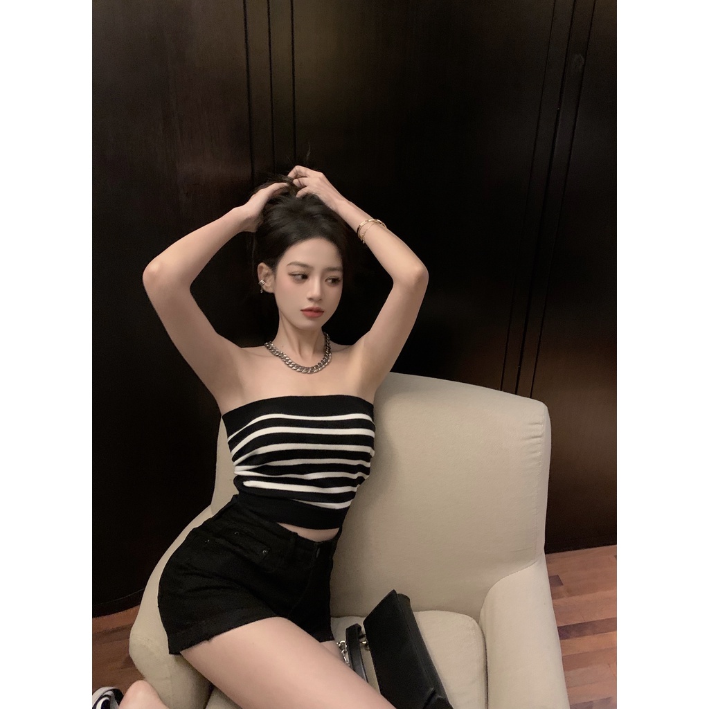 Porozi Áo croptop dệt kim in sọc phong cách Hàn Quốc cho nữ