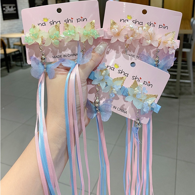 Cặp Kẹp Tóc Đính Nơ Tua Rua Phong Cách Cổ Điển Xinh Xắn