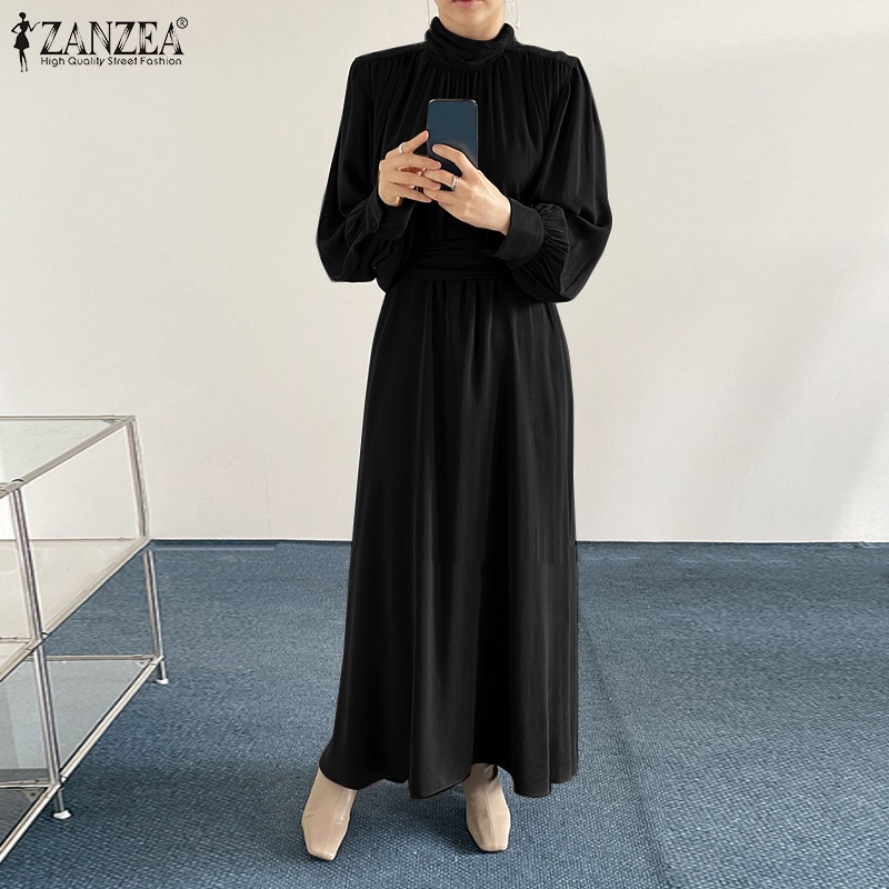 Đầm ZANZEA cổ cao tay phồng phối xếp ly thanh lịch cho phái nữ