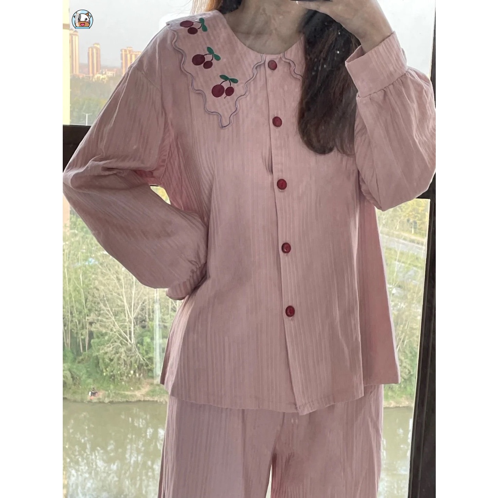 Bộ Đồ Ngủ Tay Dài Thêu Họa Tiết cherry Nhỏ Xinh Thời Trang Thu Đông Nhật Bản Mới Cho Nữ