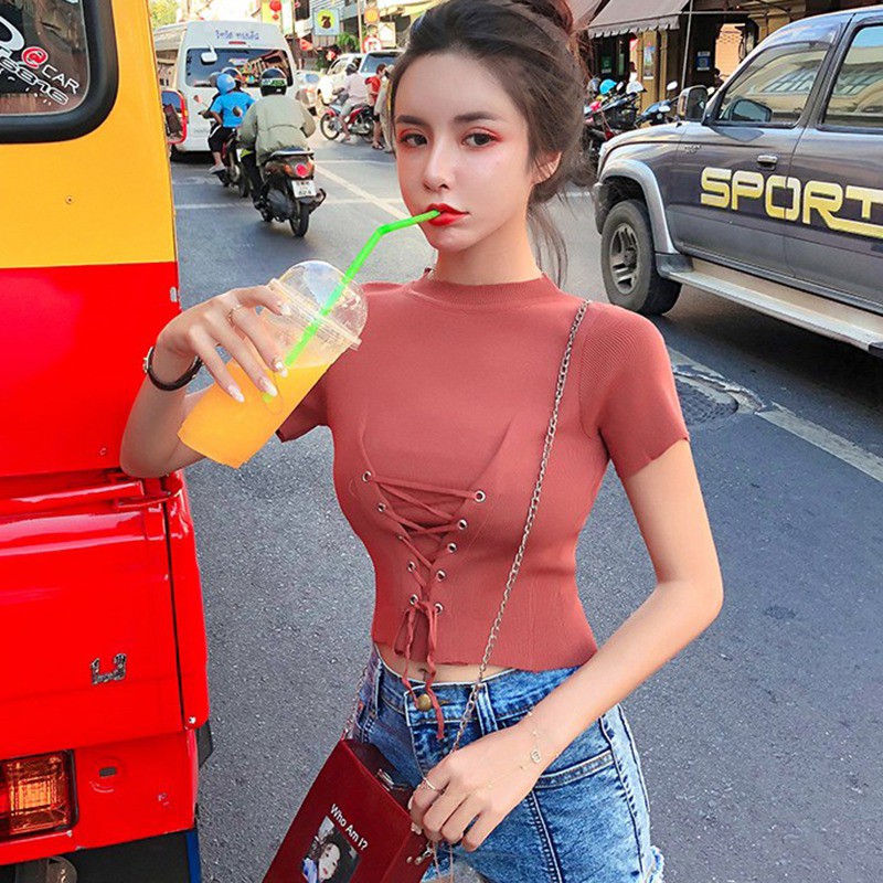 FREESHIP ĐƠN 99K_ Áo Croptop dệt kim tay ngắn thiết kế cổ tròn thanh lịch