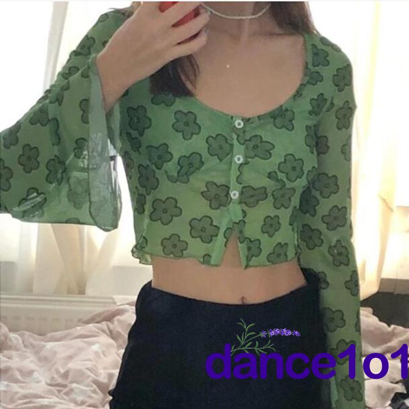 Áo Croptop Tay Loe Dài In Hoa Thời Trang Cho Nữ