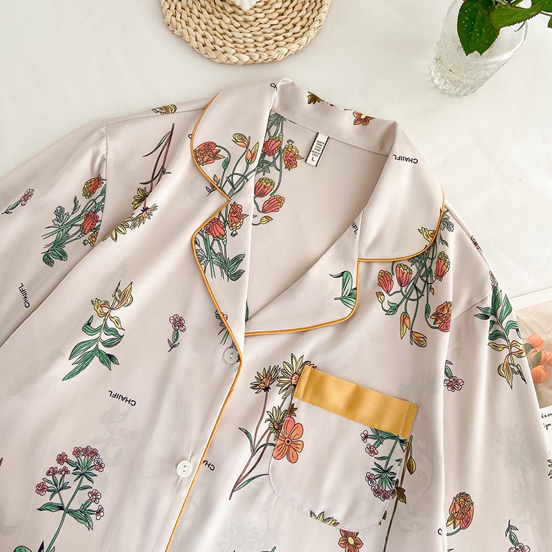 Bộ Đồ Ngủ Vải Lụa Satin Tay Dài In Họa Tiết Thời Trang Chất Lượng Cao Cho Nữ