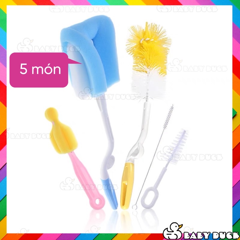 Set cọ rửa bình sữa bình uống nước 5 món, cọ núm ti, cọ dây hút sữa