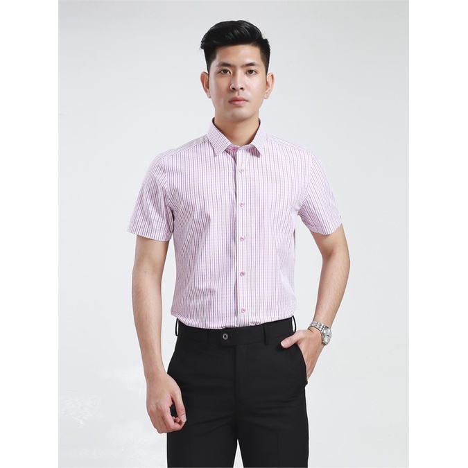 Áo sơ mi nam ngắn tay Aristino kẻ đỏ, mềm mát,tà lượn,slim ASS145S8 (size 38/39)