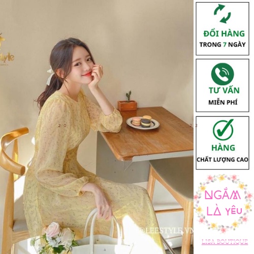 Đầm maxi, váy hoa nhí, váy hoa voan tơ vàng phong cách hàn quốc