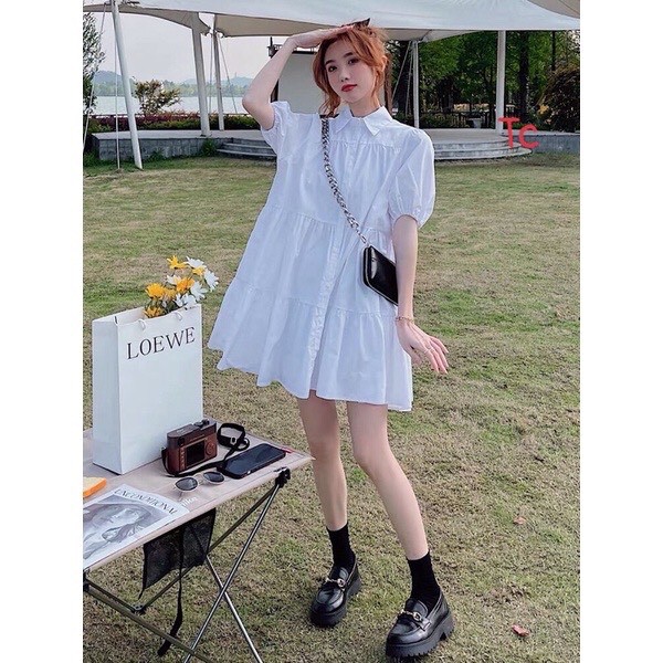 [Ảnh thật] Váy babydoll cổ sơ mi dáng xoè 3 tầng - Đầm sơ mi cổ đức dáng babydoll