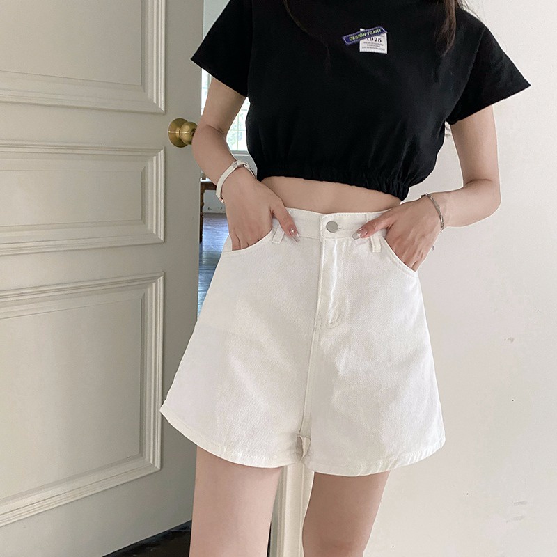 Quần denim ngắn lưng cao ống rộng dễ phối đồ phong cách Hàn Quốc