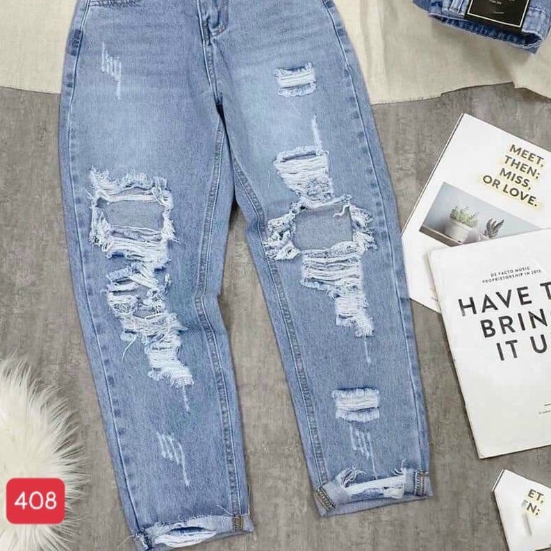 Quần baggy jeans nữ không co giãn muradfashion màu xanh rách cá tính BG448