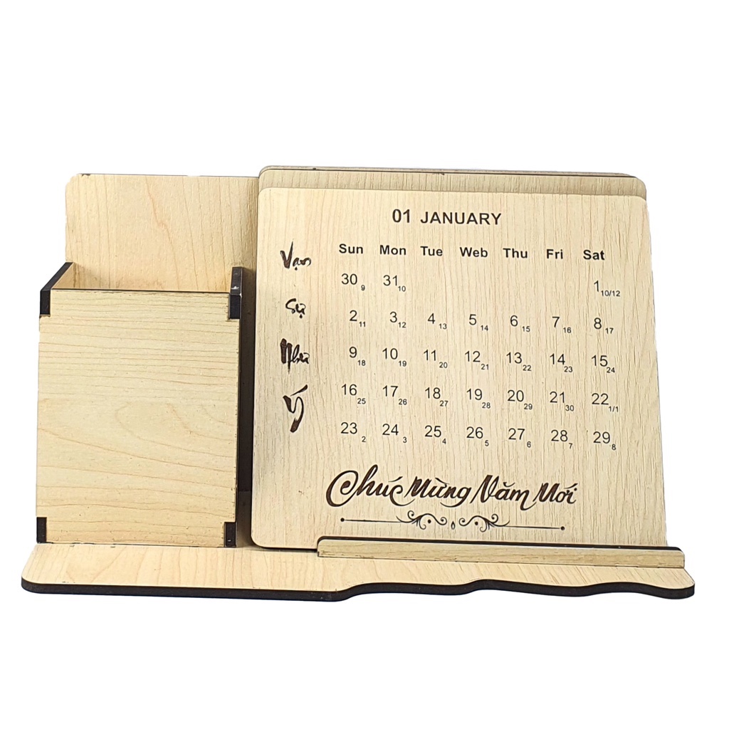 Lịch gỗ để bàn mini đa năng có khay đựng bút viết. KHẮC HÌNH THEO YÊU CẦU