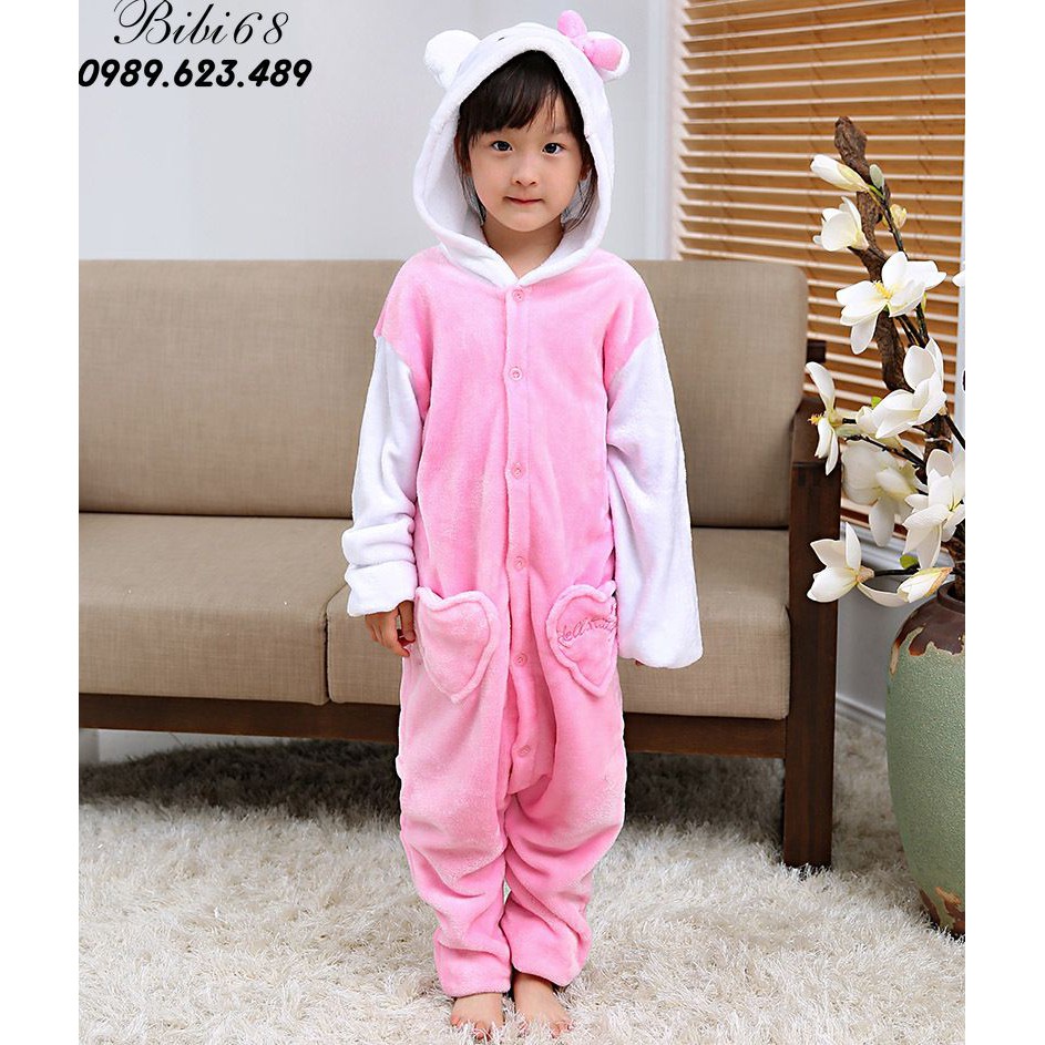 Bộ Đồ thú mèo kitty liền thân lông mịn Pijama dành Cho Người Lớn và Trẻ Em kiểu dáng Động Vật Hoạt Hình Cosplay