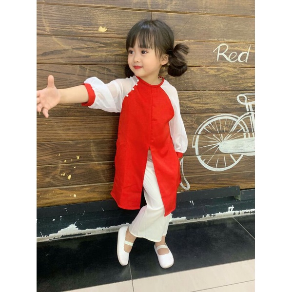 Set Áo dài lụa đính ngọc  - quần lụa xinh xắn cho bé gái