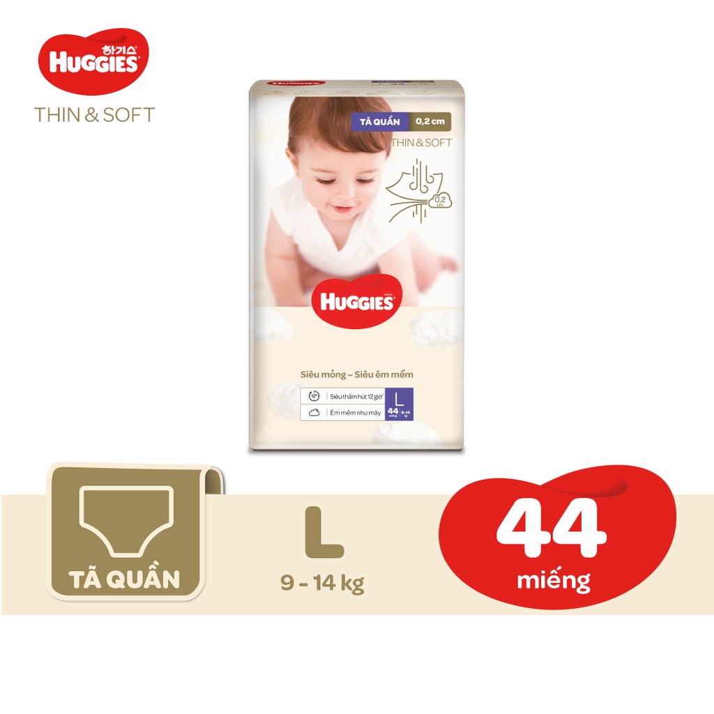 [Mã MKBHUGBU giảm 12% đơn từ 400K] Tã quần Hàn Quốc Huggies Thin &amp; Soft mỏng tàng hình size L44/XL36/XXL28