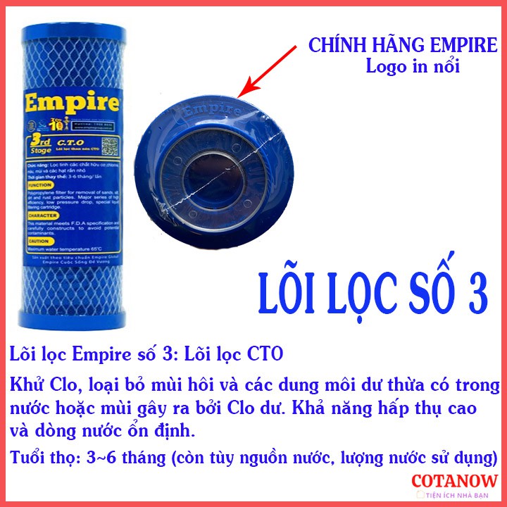 Bộ 3 Lõi Lọc Nước 123 Cao Cấp Empire, Dùng cho tất các các loại máy lọc nước gia đình COTANOW